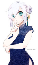 Rule 34 | 1girl, ars almal, blue dress, blue eyes, blush, china dress, chinese clothes, commentary request, dress, earrings, hair bun, highres, holding, holding mahjong tile, jewelry, looking at viewer, mahjong, mahjong tile, moca soon, nijisanji, side slit, simple background, solo, upper body, virtual youtuber, white background, white hair