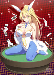 Rule 34 | 1girl, animal ears, artoria pendragon (all), artoria pendragon (fate), artoria pendragon (swimsuit ruler) (fate), asami asami, bare shoulders, blonde hair, blue necktie, blue pantyhose, blush, braid, breasts, card, checkered background, cleavage, closed mouth, clothing cutout, detached collar, fake animal ears, fate/grand order, fate (series), french braid, gradient background, green eyes, hair between eyes, high heels, highleg, highleg leotard, highres, large breasts, leotard, long hair, looking at viewer, navel, navel cutout, necktie, pantyhose, playboy bunny, playing card, poker chip, ponytail, rabbit ears, red background, sidelocks, sitting, solo, tiara, wariza, white leotard, wrist cuffs