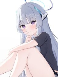 Rule 34 | 1girl, blue archive, gym uniform, halo, headphones, highres, index finger raised, looking at viewer, noa (blue archive), nonddu, sitting, solo, white background, white hair