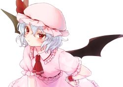 Rule 34 | 1girl, :&lt;, ascot, bad id, bad pixiv id, bat wings, blush, bow, hand on own hip, hat, hat bow, honotai, leaning forward, light purple hair, looking at viewer, mob cap, raised eyebrow, red eyes, remilia scarlet, short hair, simple background, solo, touhou, uneven eyes, white background, wings, wrist cuffs