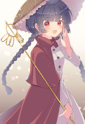 Rule 34 | 1girl, absurdres, ajirogasa, aoi (annbi), black hair, braid, brown hat, buttons, cape, capelet, earlobes, hat, headwear request, highres, light blush, long earlobes, long hair, long sleeves, low twintails, open mouth, red capelet, red eyes, snow, solo, staff, standing, touhou, twin braids, twintails, yatadera narumi