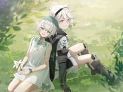 Rule 34 | 1boy, 1girl, artist name, black footwear, black gloves, black hairband, blurry, blurry foreground, boots, brother and sister, commentary, dress, flower, gloves, green eyes, hairband, highres, holding, holding flower, kagunami612, nier, nier (series), nier (young), on grass, open mouth, outdoors, short hair, siblings, sitting, smile, white dress, white flower, white hair, yonah