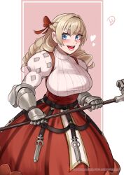 Rule 34 | 1girl, :d, absurdres, blonde hair, blue eyes, blush, bow, breasts, commentary, cowboy shot, deliciousbrain, drill hair, hair bow, high-waist skirt, highres, holding, holding weapon, juliet sleeves, large breasts, long hair, long sleeves, looking at viewer, open mouth, puffy sleeves, red bow, red skirt, scarlett (unicorn overlord), skirt, smile, solo, standing, sweater, turtleneck, turtleneck sweater, unicorn overlord, vambraces, weapon, white sweater