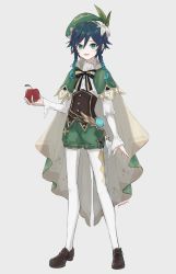 Rule 34 | 1boy, absurdres, androgynous, apple, argyle, argyle clothes, argyle legwear, beret, black hair, blue hair, bow, braid, brooch, collared cape, collared shirt, commentary request, corset, feathers, flower, food, frilled sleeves, frills, fruit, full body, gem, genshin impact, gradient hair, green eyes, green hat, green shorts, grey background, hair flower, hair ornament, hat, highres, holding, holding food, holding fruit, jewelry, kagami (kagami), leaf, long sleeves, looking at viewer, multicolored hair, open mouth, pantyhose, pinwheel, shirt, shoes, short hair with long locks, shorts, sidelocks, simple background, smile, solo, stand, twin braids, venti (genshin impact), vision (genshin impact), white flower, white pantyhose, white shirt