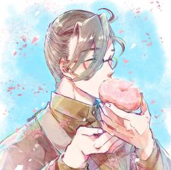 Rule 34 | 1boy, ^ ^, ahoge, blue background, blush, brown hair, brown kimono, brown shirt, closed eyes, doughnut, dress shirt, eating, falling petals, fate/grand order, fate (series), food, glasses, hair over one eye, hair pulled back, happy, highres, holding, holding food, japanese clothes, kimono, male focus, masaki (star8moon), petals, shirt, short hair, solo, upper body, yamanami keisuke (fate)