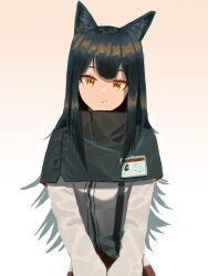 Rule 34 | 1girl, :/, absurdres, animal ears, arknights, black capelet, black hair, capelet, closed mouth, high collar, highres, id card, jacket, lanyard, long hair, long sleeves, looking at viewer, nonoa, simple background, solo, texas (arknights), upper body, white jacket, yellow eyes