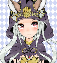 Rule 34 | 1girl, amano haruka (sakogamitokuan), blush, commentary request, ears through headwear, erune, granblue fantasy, grey hair, highres, hood, long hair, looking at viewer, red eyes, scathacha (granblue fantasy), smile, solo, upper body