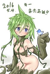 Rule 34 | 10s, 1girl, 2016, aged down, ahoge, animal hands, arched back, ass, bird, bird on hand, breasts, clo53837533, dated, dryad, eyebrows, green hair, highres, kii (monster musume), monster girl, monster musume no iru nichijou, nipples, nude, plant, plant girl, purple eyes, simple background, small breasts, solo, vines, white background