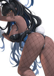 Rule 34 | 1girl, 2r- (pixiv8168114), absurdres, animal ears, arm tattoo, arm up, ass, bare shoulders, black hair, black leotard, black pantyhose, blue archive, blue bow, blue bowtie, blue ribbon, bow, bowtie, breasts, chinese commentary, commentary request, covered mouth, cowboy shot, dark-skinned female, dark skin, detached collar, fake animal ears, fake tail, fishnet pantyhose, fishnets, from behind, from below, halo, hand up, high ponytail, highleg, highleg leotard, highres, karin (blue archive), karin (bunny) (blue archive), large breasts, leaning forward, leg up, leotard, long hair, looking at viewer, looking back, looking down, official alternate costume, pantyhose, playboy bunny, ponytail, rabbit ears, rabbit tail, ribbon, shiny clothes, shiny skin, side-tie leotard, sidelocks, simple background, slit pupils, solo, standing, strapless, strapless leotard, tail, tattoo, thong leotard, traditional bowtie, very long hair, wavy hair, white background, wide hips, wrist cuffs, yellow eyes
