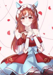 Rule 34 | 1girl, animal ears, blush, breasts, brown hair, closed mouth, collarbone, detached sleeves, hair between eyes, hair ornament, highres, horse ears, horse girl, horse tail, ka (ka p019), long hair, looking at viewer, petals, red eyes, small breasts, smile, solo, still in love (umamusume), string, string of fate, tail, thighhighs, umamusume, veil, white background