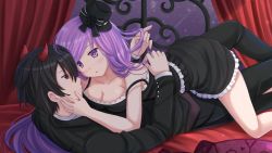 Rule 34 | 1boy, 1girl, black hair, blush, breasts, cleavage, dress, eye contact, formal, girl on top, hand on another&#039;s face, hat, hetero, horns, imminent kiss, kazenokaze, large breasts, long hair, looking at another, off shoulder, open mouth, original, playing with another&#039;s hair, purple eyes, purple hair, red eyes, tuxedo