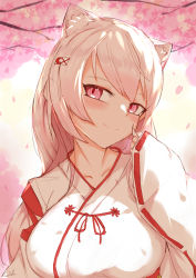 Rule 34 | 1girl, absurdres, animal ear fluff, animal ears, branch, breasts, cherry blossoms, choumi wuti (xueye fanmang zhong), closed mouth, collarbone, commentary request, flower, hair ornament, head tilt, highres, japanese clothes, kimono, long hair, long sleeves, medium breasts, nijisanji, petals, pink eyes, pink flower, pink hair, ribbon-trimmed sleeves, ribbon trim, shiina yuika, shiina yuika (3rd costume), signature, sleeves past wrists, smile, solo, upper body, virtual youtuber, white kimono, wide sleeves