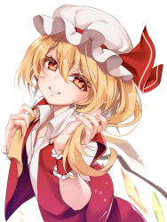 Rule 34 | 1girl, asutora, blonde hair, commentary request, crystal, eyelashes, eyes visible through hair, flandre scarlet, hair between eyes, hat, head tilt, highres, holding, holding own hair, long hair, looking at viewer, mob cap, parted lips, red eyes, red skirt, red vest, shirt, side ponytail, simple background, skirt, smile, solo, touhou, vest, white background, white hat, white shirt, wings, wrist cuffs