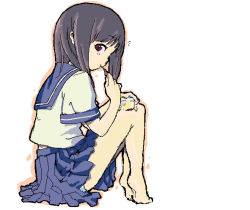 Rule 34 | 1girl, animification, barefoot, black hair, blue skirt, brown hair, eating, full body, humiu, kako-hime, long hair, looking at viewer, looking back, panties, pleated skirt, real life, real life insert, red eyes, school uniform, serafuku, short hair, simple background, skirt, solo, striped clothes, striped panties, underwear, white background