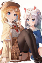 Rule 34 | 2girls, absurdres, animal ear fluff, black legwear, blonde hair, blue eyes, blue hoodie, brown coat, brown headwear, brown skirt, coat, collared shirt, crossed legs, food, food in mouth, gawr gura, hair ornament, high-waist skirt, highres, hololive, hololive english, hood, hoodie, k.j., knees up, looking at another, looking at viewer, multiple girls, necktie, plaid, plaid skirt, pocky, pocky in mouth, red necktie, shark hair ornament, shirt, short hair, silver hair, sitting, skirt, tearing up, thigh strap, thighhighs, trench coat, two side up, virtual youtuber, watson amelia, white shirt