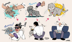 Rule 34 | ..., 1boy, absurdres, animal focus, arrow (symbol), bathing, black hair, brown background, brushing, bubble, collared shirt, commentary request, couch, dog, endou yuuji, exhausted, full body, hair dryer, highres, holding, holding hair dryer, inudori, kaiji, nose bubble, open mouth, petting, shirt, short bangs, short sleeves, simple background, sitting, sparkle, squatting, sunglasses, tail, tail wagging, tongue, tongue out, translation request, v-shaped eyebrows, water, white shirt