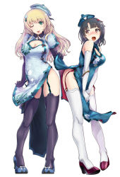 Rule 34 | 10s, 2girls, :o, ;p, alternate costume, atago (kancolle), bare shoulders, black gloves, black hair, blonde hair, blush, breasts, china dress, chinese clothes, cleavage, cleavage cutout, clothing cutout, dress, elbow gloves, garter straps, gloves, green eyes, hat, hi-ho-, highres, kantai collection, large breasts, long hair, looking at viewer, multiple girls, no panties, one eye closed, open mouth, pelvic curtain, puffy sleeves, red eyes, short hair, side slit, takao (kancolle), thighhighs, tongue, tongue out, white gloves