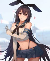 Rule 34 | 1girl, bare shoulders, black hair, blue skirt, blush, breasts, closed mouth, collarbone, cosplay, elbow gloves, gloves, highres, kantai collection, kasumi (skchkko), large breasts, long hair, looking at viewer, miniskirt, nagato (kancolle), navel, outdoors, pleated skirt, red eyes, sakura ayane, shimakaze (kancolle), shimakaze (kancolle) (cosplay), skirt, smile, solo, thong, v, voice actor connection