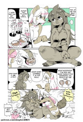 Rule 34 | 2girls, 3boys, ^^^, alternate language, angry, animal ears, biting, boar ears, boar tail, body fur, bowl, breasts, claws, comic, commentary, curry, curry rice, dog ears, dog girl, dog tail, dolly (modern mogal), dust cloud, english commentary, english text, eyes visible through hair, fangs, fatigues, fighting, fleeing, flying sweatdrops, food, furry, furry female, giant, giantess, hair between eyes, hand truck, hat, highres, limited palette, long hair, looking at another, military, military hat, military uniform, multiple boys, multiple girls, original, peggy (modern mogal), pet bowl, pointing, rice, shepherd0821, short hair, snout, soldier, stirring, surprised, sweatdrop, tail, tusks, uniform
