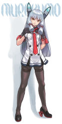 Rule 34 | 10s, 1girl, arm behind back, blunt bangs, bodysuit, buttons, character name, double-breasted, dress, full body, gloves, gufu (guffuumu), hair ribbon, hand on own chest, hand under clothes, head tilt, headgear, high heels, kantai collection, light smile, long hair, looking at viewer, murakumo (kancolle), murakumo kai ni (kancolle), necktie, orange eyes, pantyhose, red necktie, ribbon, sailor dress, silver hair, simple background, solo, standing, thighband pantyhose, tress ribbon, white background