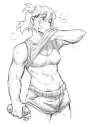 Rule 34 | 1girl, abs, bottle, breasts, clothes lift, commentary, cropped legs, dlanon, english commentary, greyscale, hair between eyes, holding, holding bottle, medium breasts, monochrome, muscular, muscular female, navel, one eye closed, scar, scar on chest, senki zesshou symphogear, shirt lift, short hair, shorts, simple background, smile, solo, sports bra, sweat, tachibana hibiki (symphogear), tank top, thighs, water bottle, wiping face