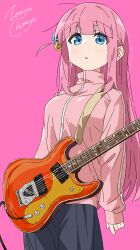 Rule 34 | 1girl, absurdres, alternate hairstyle, artist name, black skirt, blue eyes, blunt bangs, bocchi the rock!, cube hair ornament, electric guitar, gotoh hitori, guitar, hair ornament, highres, instrument, jacket, long hair, long sleeves, looking at viewer, one side up, pink background, pink hair, simple background, skirt, solo, track jacket, zetsuyo chimayo
