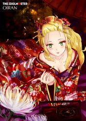 Rule 34 | 1girl, absurdres, alternate costume, alternate hairstyle, artist request, bad id, bad nicoseiga id, blonde hair, breasts, cleavage, commentary request, floral print, geisha, green eyes, hair ornament, hair stick, highres, holding, holding smoking pipe, hoshii miki, idolmaster, idolmaster (classic), japanese clothes, kimono, kiseru, long hair, looking at viewer, medium breasts, off shoulder, oiran, smoking pipe, solo