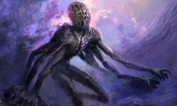 Rule 34 | amygdala (bloodborne), bloodborne, blue background, commentary, eldritch abomination, english commentary, extra arms, gazedsoul, highres, looking at viewer, monster, multicolored background, no humans, purple background, solo, standing