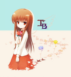 Rule 34 | 1girl, brown eyes, brown hair, character name, copyright name, field, flower, flower field, holding, ib (ib), ib (kouri), long hair, looking at viewer, rose, simple background, smile, solo, two-tone background, zimajiang