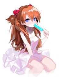 Rule 34 | 1girl, artist request, bare legs, bare shoulders, blue eyes, breasts, brown hair, dress, food, hair ornament, ice cream, licking, long hair, looking at viewer, medium breasts, neon genesis evangelion, simple background, sitting, solo, souryuu asuka langley, twintails, very long hair, white background