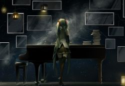 Rule 34 | 1girl, absurdres, book, book stack, boots, constellation, detached sleeves, from behind, full body, grand piano, green hair, hatsune miku, highres, hourglass, instrument, long hair, piano, picture frame, saihate (saihate d3), skirt, solo, star (sky), thigh boots, thighhighs, twintails, very long hair, vocaloid, wall