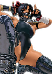 Rule 34 | 1girl, arung samudra (cessa), ass, biceps, black hair, blurry, blurry background, breasts, cessa, closed mouth, cowboy shot, dark-skinned female, dark skin, fingerless gloves, from below, gloves, large breasts, leotard, looking at viewer, mask, mouth mask, muscular, muscular female, ninja mask, ombok diving and delivery services, short hair, sideboob, solo, squatting, sword, thighhighs, weapon