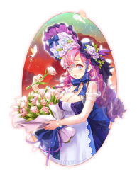 Rule 34 | 1girl, bad id, bad pixiv id, blue dress, blue eyes, bonnet, bouquet, bow, bracelet, breasts, bug, butterfly, cleavage, coney, dress, drill hair, female focus, flower, hat, hat flower, bug, jewelry, large breasts, long hair, looking at viewer, open mouth, original, purple hair, rose, solo