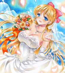 Rule 34 | 1girl, aino minako, at classics, bishoujo senshi sailor moon, blonde hair, blue background, blue eyes, bouquet, bow, breasts, cleavage, dress, flower, gloves, half updo, jewelry, large breasts, long hair, necklace, orange flower, orange rose, pearl necklace, red bow, rose, sample watermark, smile, solo, strapless, strapless dress, veil, watermark, wedding dress, white dress, white gloves, yellow flower, yellow rose