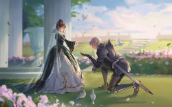 Rule 34 | 1boy, 1girl, absurdres, armor, armored boots, bird, blood, bloody weapon, blurry, blurry background, boots, brown hair, chinese commentary, commentary request, day, dress, falling leaves, flower, gauntlets, green dress, hair bun, highres, inuyasha, kneeling, knight, leaf, long dress, long sleeves, medieval, mmmilk, on one knee, outdoors, pillar, pink flower, rin (inuyasha), sesshoumaru, shoulder spikes, single hair bun, spikes, veil, weapon