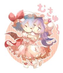 Rule 34 | 2girls, 60mai, back, bat wings, blue hair, blush, blush stickers, bow, capelet, chibi, closed eyes, crescent, dress, fang, frills, hat, hat bow, hat ribbon, hug, long hair, long sleeves, looking at another, mob cap, multiple girls, open mouth, patchouli knowledge, pink dress, puffy sleeves, purple hair, remilia scarlet, ribbon, shirt, shoes, short hair, short sleeves, simple background, skirt, skirt set, smile, text focus, touhou, vest, wings
