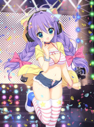 Rule 34 | 1girl, antenna hair, bead bracelet, beads, bikini, blue eyes, blush, bow, bracelet, braid, breasts, cat, cleavage, concert, cutoffs, flower, fur trim, hair intakes, hair ornament, hair ribbon, halterneck, hand up, headphones, heart, heart hair ornament, hood, hoodie, index finger raised, jewelry, long hair, looking at viewer, navel, open clothes, open fly, open hoodie, open mouth, open shorts, original, pink bikini, pink bow, pink ribbon, pink thighhighs, polka dot, polka dot bow, purple hair, ribbon, shiwasu horio, shoes, short shorts, short sleeves, shorts, smile, sneakers, solo, standing, standing on one leg, star (symbol), star hair ornament, star print, striped bikini, striped clothes, striped thighhighs, swimsuit, thighhighs, thighs, tress ribbon, twin braids, v, very long hair, white bikini, white flower, white thighhighs, x hair ornament