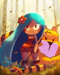 Rule 34 | 1girl, aqua hair, artist request, cookie run, deviantart, flower, solo, tiger, tiger lily cookie