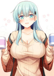 Rule 34 | 1girl, aqua hair, blue eyes, blush, breasts, brown jacket, brown sweater, casual, cleavage, collarbone, cup, dotera (clothes), hair ornament, hairclip, holding, holding cup, jacket, kantai collection, large breasts, long hair, looking at viewer, off shoulder, open mouth, revision, ribbed sweater, rui shi (rayze ray), sidelocks, simple background, solo, suzuya (kancolle), sweater, white background