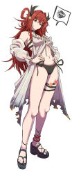 Rule 34 | 1girl, absurdres, anklet, arknights, babydoll, bare legs, bare shoulders, bikini, black bikini, black nails, black ribbon, blush, breasts, closed mouth, detached sleeves, full body, hair intakes, hair ornament, hands on own hips, highres, horns, jewelry, legs, long hair, long sleeves, medium breasts, nail polish, navel, official alternate costume, purple eyes, red hair, revision, ribbon, samacho, sandals, side-tie bikini bottom, simple background, speech bubble, spoken squiggle, squiggle, standing, star (symbol), star hair ornament, surtr (arknights), surtr (colorful wonderland) (arknights), swimsuit, thigh strap, toenail polish, toenails, toes, v-shaped eyebrows, very long hair, white background
