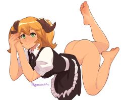 Rule 34 | 1girl, aletta, artist name, ass, barefoot, blonde hair, bottomless, commentary, english commentary, feet, female focus, frills, full body, green eyes, hair between eyes, horns, isekai shokudou, long hair, looking at viewer, maid, own hands together, puffy short sleeves, puffy sleeves, short sleeves, simple background, smile, soles, solo, squeezable (squeezabledraws), toes, white background
