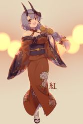 Rule 34 | 1girl, alternate costume, bare shoulders, bow, braid, breasts, collarbone, commentary request, echo (circa), fate/grand order, fate (series), floral print, fox mask, full body, hair between eyes, hair bow, horns, japanese clothes, kimono, long hair, looking at viewer, mask, medium breasts, obi, oni horns, open mouth, red eyes, red kimono, sandals, sash, silver hair, single braid, smile, solo, standing, tabi, tomoe gozen (fate), tomoe gozen (merely red) (fate), very long hair, white legwear, wide sleeves