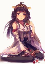 Rule 34 | 10s, 1girl, ahoge, bad id, bad pixiv id, bare shoulders, brown hair, cherry, detached sleeves, double bun, food, fruit, hair ornament, hairband, highres, japanese clothes, kadokawa shoten, kantai collection, kongou (kancolle), long hair, magicpants, nontraditional miko, personification, sitting, skirt, solo, thighhighs, wariza, white background