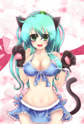 Rule 34 | 1girl, animal ears, animal hands, bad id, bad pixiv id, bare shoulders, bikini, blue bikini, breasts, cat ears, cat girl, cat tail, cleavage, female focus, frog, front-tie top, gloves, green eyes, green hair, hair ornament, hairband, kemonomimi mode, kochiya sanae, large breasts, long hair, matching hair/eyes, navel, open mouth, paw gloves, paw pose, snake, solo, swimsuit, tail, tomcho, touhou