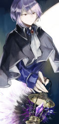 Rule 34 | 1boy, :|, ascot, black capelet, blue jacket, blue shirt, brooch, capelet, closed mouth, collared capelet, collared shirt, commentary, crescent, crescent earrings, cropped torso, earrings, english commentary, expressionless, fumi (rdbm), gem, hair between eyes, highres, holding, holding lantern, jacket, jewelry, lantern, looking at object, male focus, purple gemstone, purple hair, red eyes, shirt, short hair, single earring, sirius gibson, solo, upper body, white ascot, witch&#039;s heart