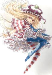 Rule 34 | 1girl, american flag, american flag dress, american flag legwear, ass, blonde hair, clownpiece, commentary, dress, fairy, fairy wings, feet, fingernails, frilled dress, frilled shirt collar, frills, full body, hat, highres, hisako (6anmbblfnjueeff), jester cap, long fingernails, long hair, nail polish, neck ruff, no shoes, pantyhose, polka dot, red eyes, red nails, solo, symbol-only commentary, tongue, tongue out, touhou, traditional media, very long hair, white background, wings