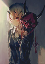 Rule 34 | 1girl, artist name, blush, breasts, commentary request, garuku, hair between eyes, hair ornament, hairclip, highres, holding, holding mask, horns, long sleeves, looking at viewer, mask, unworn mask, oni, oni horns, oni mask, original, red eyes, short hair, small breasts, solo, sweater, upper body, v-neck, white hair, wing collar