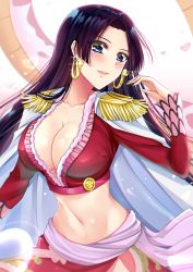 Rule 34 | 1girl, :d, absurdres, black hair, blue eyes, blush, boa hancock, breasts, cleavage, collarbone, crop top, earrings, floating hair, gu li, highres, jewelry, large breasts, long hair, long sleeves, looking at viewer, midriff, navel, one piece, open mouth, smile, solo, standing, stomach, very long hair