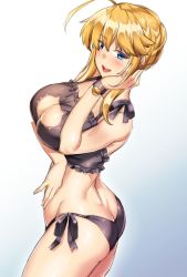 Rule 34 | 1girl, ahoge, alternate costume, artoria pendragon (fate), artoria pendragon (lancer) (fate), ass, bare arms, bare shoulders, bell, black bra, black panties, bra, braid, braided bun, breast hold, breasts, butt crack, cat cutout, cat ear panties, cat lingerie, cleavage, cleavage cutout, clothing cutout, commentary request, cowboy shot, dimples of venus, fate/grand order, fate (series), french braid, frilled bra, frills, from side, gradient background, green eyes, hair between eyes, hair bun, highres, jingle bell, large breasts, lingerie, looking at viewer, meme attire, open mouth, panties, paw print, shirokuma a, side-tie panties, sidelocks, solo, stomach, swept bangs, thighs, underwear, underwear only