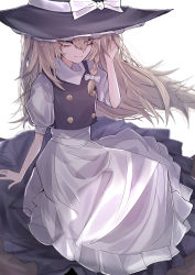 Rule 34 | 1girl, 33 gaff, apron, black dress, blonde hair, bow, braid, buttons, dress, frilled dress, frills, hair between eyes, hair bow, hat, hat bow, kirisame marisa, long hair, looking at viewer, puffy sleeves, short sleeves, simple background, single braid, skirt, smile, solo, touhou, waist apron, white background, white bow, witch hat, yellow eyes